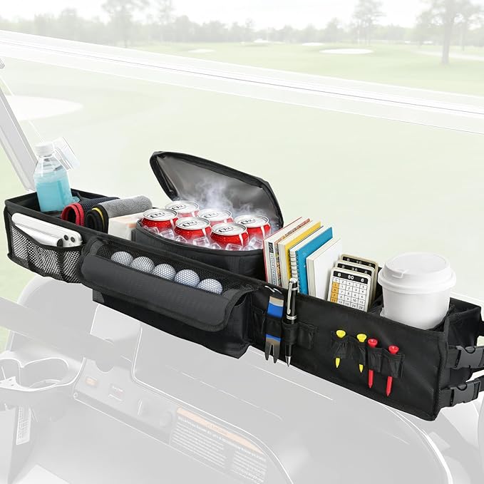 Panglong No-Drilling Golf Cart Front Storage Basket with Detach Cooling Compartment, Multi-Function Storage and Anti-Slip Buckle Strap, Fits Yamaha G29, Club Car Precedent and EZGO TXT Golf Cart