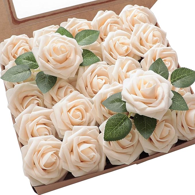 Floroom Artificial Flowers 25pcs Real Looking Cream Foam Fake Roses by Floroom