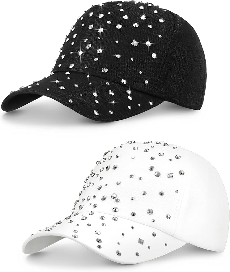 Loopeer 2 Pcs Adjustable Breathable Rhinestone Baseball Cap for Women Men Sequins Casual Sports Cap Rhinestone Hat