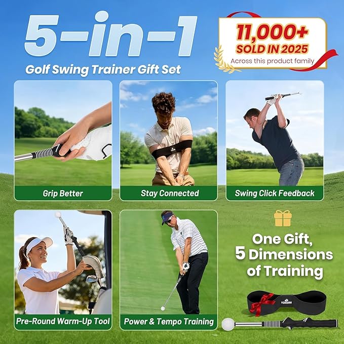 5-in-1 Retractable Golf Swing Trainer, Training Aid with Grip Trainer, Swing Mechanics for Beginners & Tempo Training for Advanced, Click Feedback, Arm Connection, Right/Left-Handed, Indoor/Outdoor