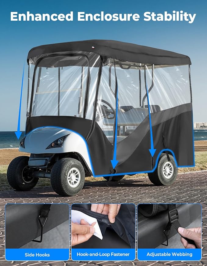 KEMIMOTO Golf Cart Enclosure, 4 Passenger Golf Cart Rain Cover, 600D Waterproof Driving Enclosure with Clear PVC Windshield for Extended Roof Golf Cart