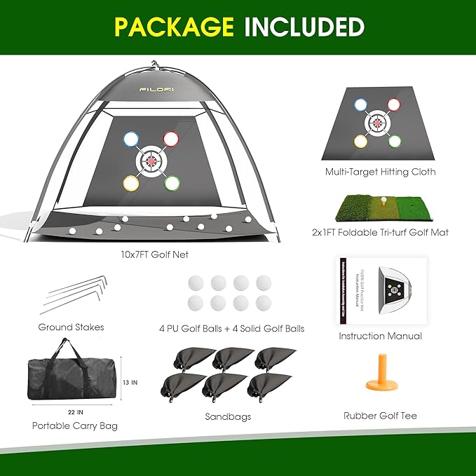 FILORI Golf Practice Net 10x7FT - Golf Hitting Net with Tri-Turf Mat, 8 Balls, Tee & Carry Bag, Indoor/Outdoor Backyard Training for Driving Chipping Swing, Ideal Gifts