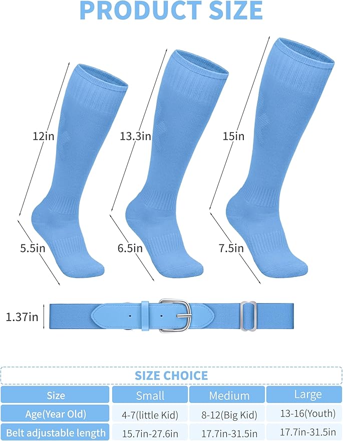 Baseball Socks and Belt Combo Set Cotton Boys Adjustable Baseball Softball Socks and Belt for Boys Girls