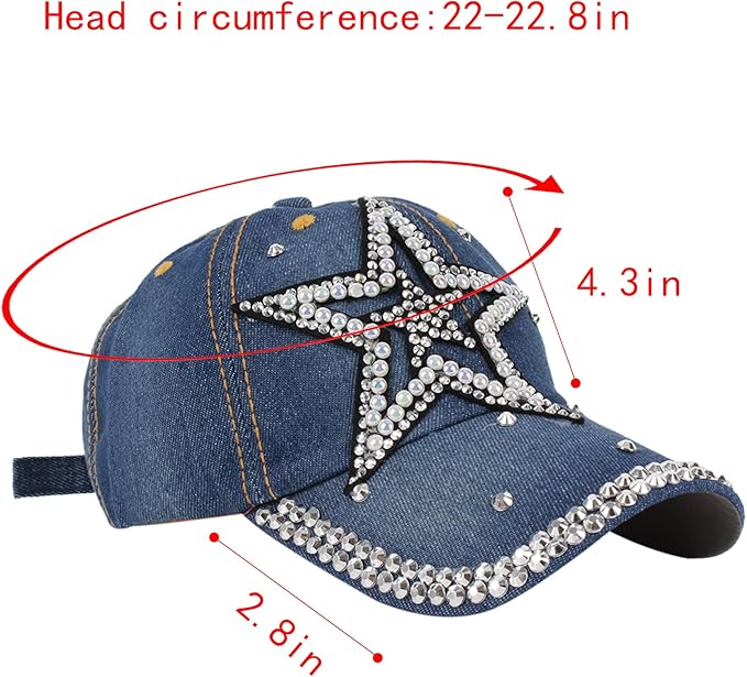 Hoce Fashion Rhinestone Denim Baseball Cap Studded Bling Hat for Women