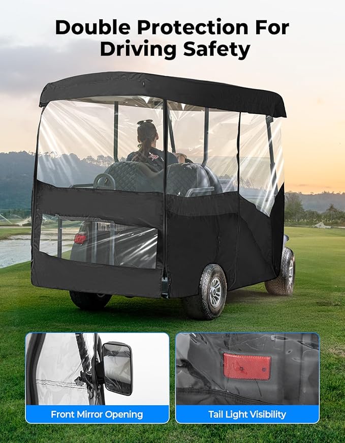 KEMIMOTO Golf Cart Enclosure, 4 Passenger Golf Cart Rain Cover, 600D Waterproof Driving Enclosure with Clear PVC Windshield for Extended Roof Golf Cart