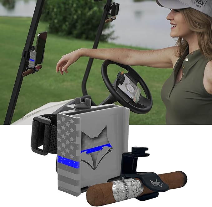 DESERT FOX GOLF Phone Caddy w/Cigar Holder – American Flag Golf Cart Phone Mount – Universal Fit, Secure Strap, One-Hand Access, Patriotic Golf Accessory (Blue Line)