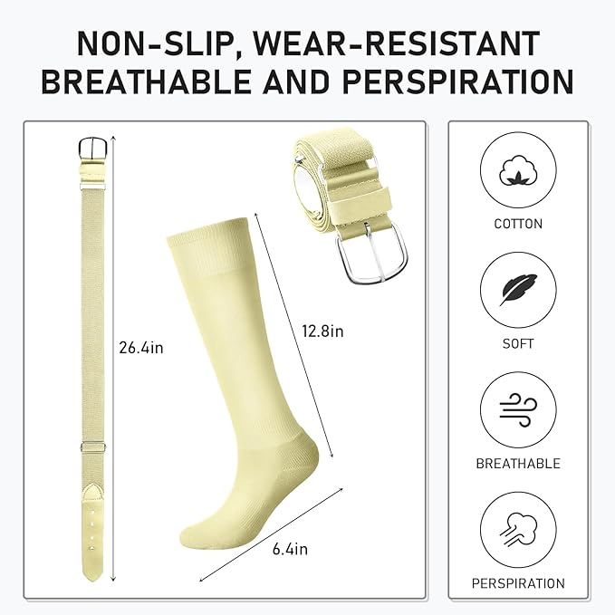 Zhanmai Baseball Belt and Socks Combo, Adjustable Elastic Belt and Softball Socks, Multiple Sizes for Youth Boys Girls, Adult