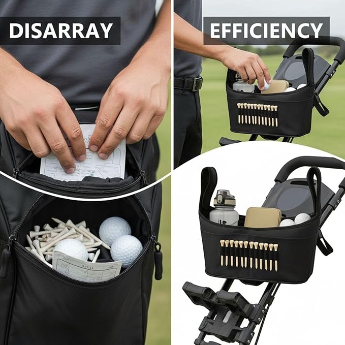 Golf Push Cart Bag, Golf Accessory Bag with Adjustable Compartments, Multiple Pockets, and Quick Attachment Straps, 15x3.1x8.3 in for Golf Carts, Strollers