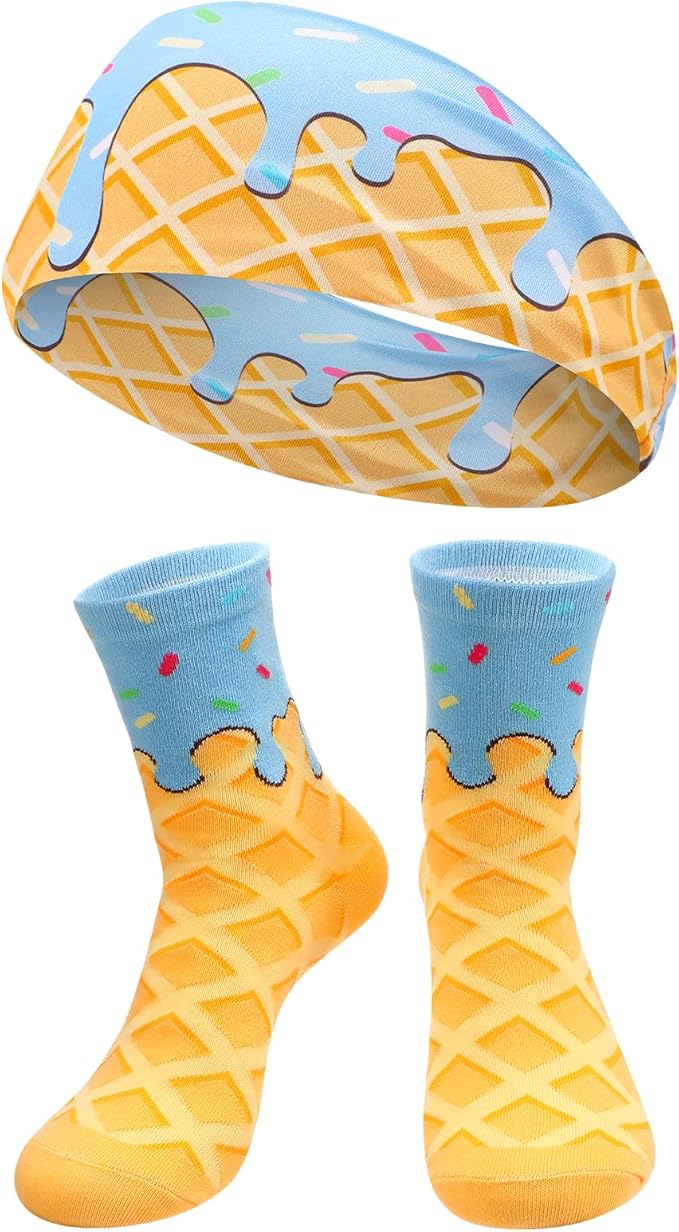Ice Cream Baseball Headband and Ice Cream Sock Sports Elastic Sweatband Funny Sports Baseball Gifts for Youth Teen Women Men Athletes Football Basketball Running Gym Party Favors