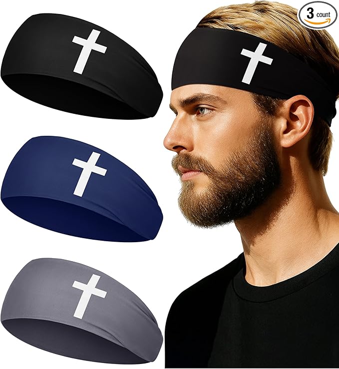 Shihanee 3 Pcs Christian Headbands for Men Jesus Cross Athletic Sweat Bands Christian Workout Accessories Moisture Wicking Sports Hairbands for Football Baseball Basketball Running Training