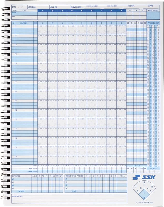 SSK 50 Game Official Scorebook Baseball + Softball – Premium Cover Score Keeping Book – 15 Player - Home + Away Team – 9.25”x12”