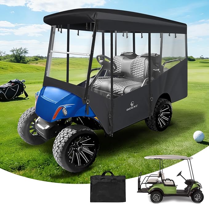 Golf Cart Enclosures 4 Passenger,Golf Cart Cover for Yamaha Long Roof 2+2 Seater,Waterproof 600D Driving Rain Cover,Roll Up 4-Sided Clear Windows&Door,Yamaha Golf Cart Accessories