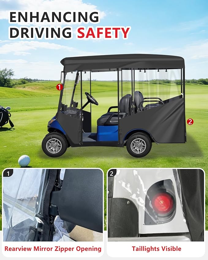 Golf Cart Enclosures 4 Passenger,Golf Cart Cover for Yamaha Long Roof 2+2 Seater,Waterproof 600D Driving Rain Cover,Roll Up 4-Sided Clear Windows&Door,Yamaha Golf Cart Accessories
