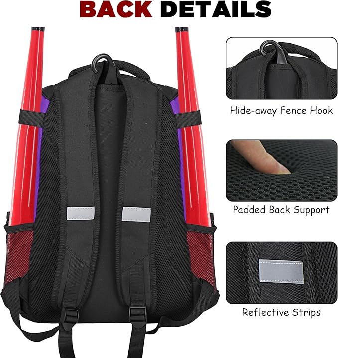 Goloni | Baseball Backpack,Baseball Bag for Adult,Softball Bat Bag with Shoes Compartment,Large Main Compartment for Helmet & accessories, Fence Hook