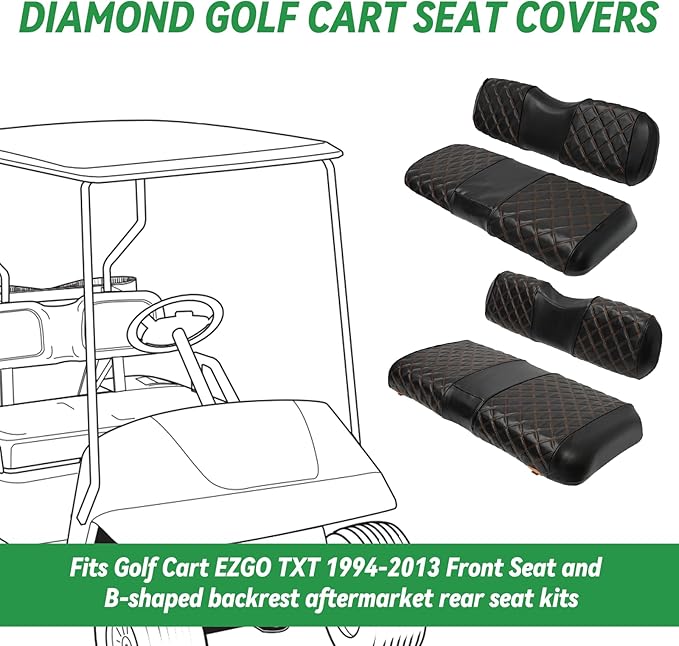 XUANYUDG0769 Golf Cart Front and Rear Seat Covers for EZGO TXT 1994-2013 OEM Ordinary Front Seat and Aftermarket Common Rear Seat Kits, No Stapler Vinyl Leather Diamond EZGO TXT Seat Covers