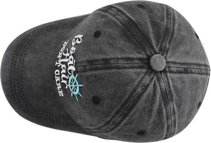 Boat Hair Don't Care Hats for Men Women, Adjustable Embroidered Cotton Washed Distressed Denim Fishing Baseball Cap