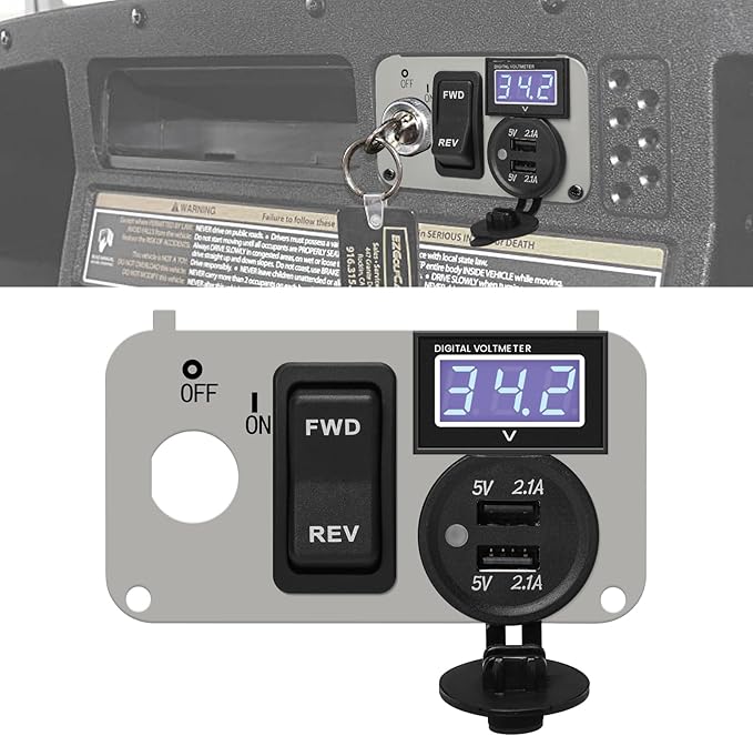 briidea 3 in 1 Multifunctional Integrated Panel with DC 12V-90V 4.2A Dual USB Charger Sockets, LED Wide Range Voltmeter & Forward Reverse Switch, Golf Cart Accessories for EZGO TXT, PDS & Medalist