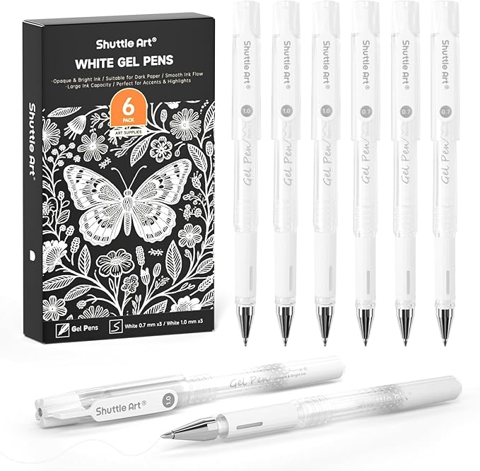 Shuttle Art White Gel Pens, 6 Pack 0.7mm, 1.0mm Gel Ink Pens Fine Point by ShuttleArt