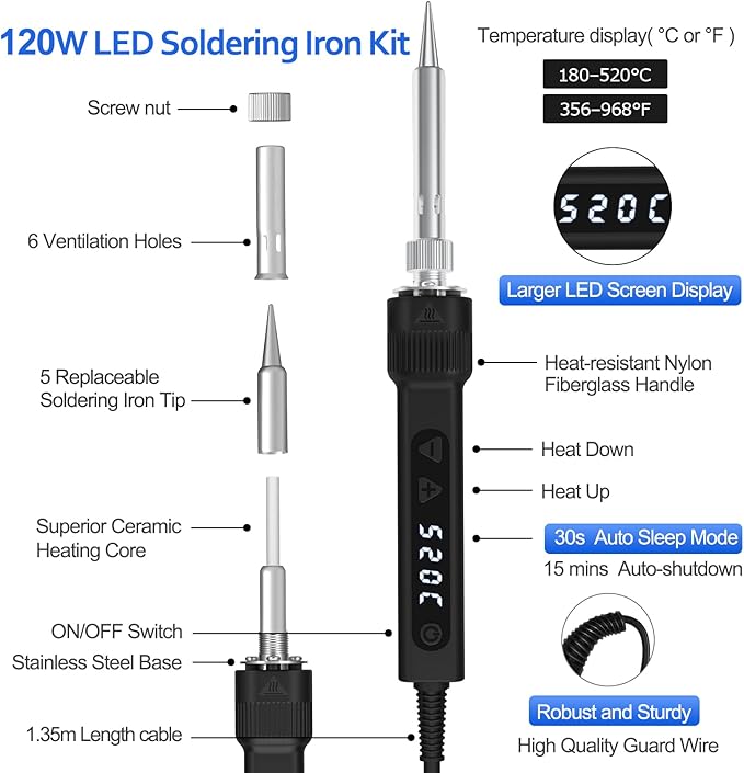 120W LED Soldering Iron Kit, 7s Fast Heating Adjustable Temp 356-968℉ Auto - Image 3