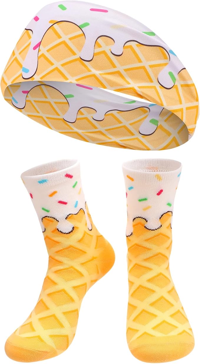 Ice Cream Baseball Headband and Ice Cream Sock Sports Elastic Sweatband Funny Sports Baseball Gifts for Youth Teen Women Men Athletes Football Basketball Running Gym Party Favors