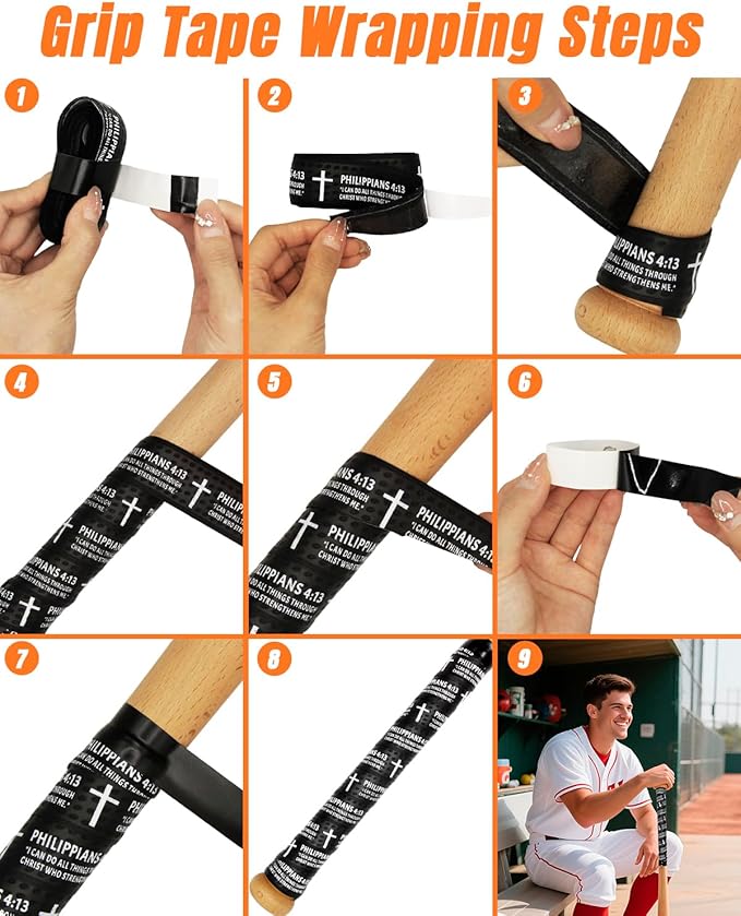 Piemow Baseball Bat Grip Tapes, Faith Cross Bat Grip Tape, 1.5mm Precut and Full Adhesive Baseball Wrist Tape, Scripture Designs Non-Slip Religious Baseball Grip Tapes for Sports