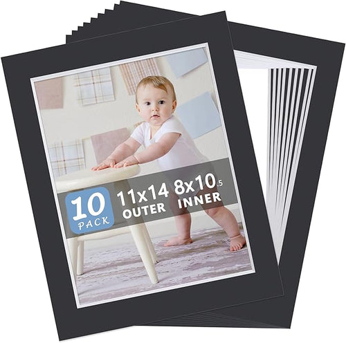 10 Pack Pre-Cut 11 x 14 Black Picture Mats by SOMIME