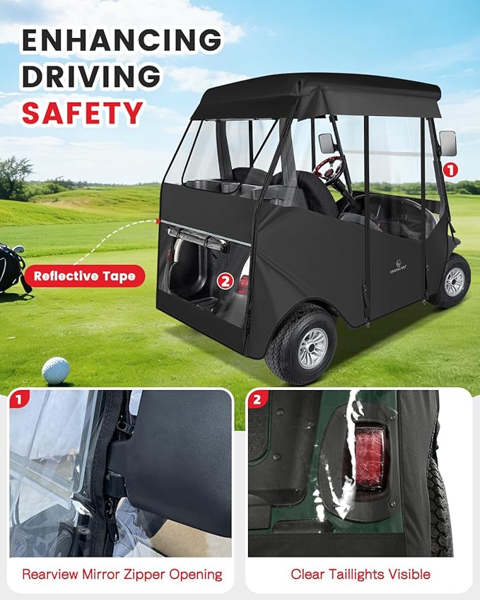 2 Passenger Golf Cart Enclosure for Club Car Precedent 2 Seater, 600D Waterproof Driving Rain Cover with Full Roll Up Clear Windows & Doors, Heavy Duty Zippers & Side Mirror Openings
