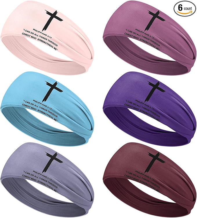 6 PCS Christian Headbands for Men Women Jesus Faith Cross Athletic Sweatbands Moisture Wicking Twist Knotted Criss Cross Hair Bands with Bible Verse Religious for Sports Workout Football Baseball