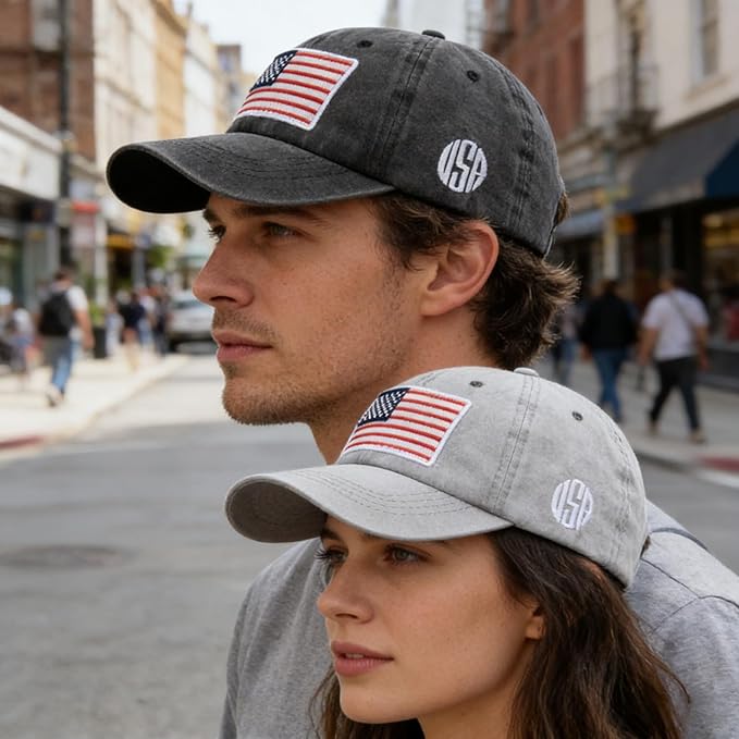 2 Pack American Flag Baseball Cap Unisex Hat, Classic Hat for Men Women Light Gray, Dark Gray
