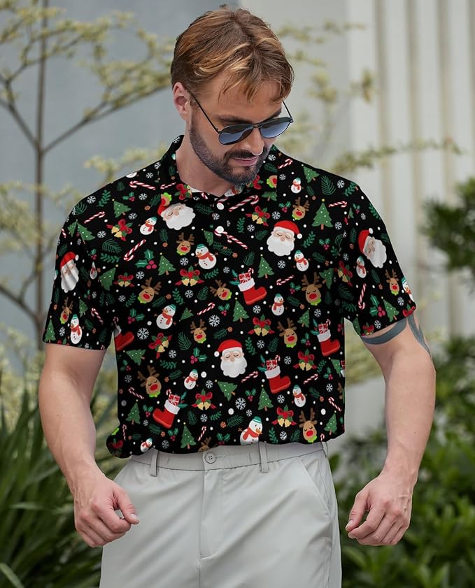 HUURAY Funny Golf Polos for Men Funny Print Short Sleeve Shirts Quick Dry Polo Shirts Hawaiian Shirt Performance Golf Outfits