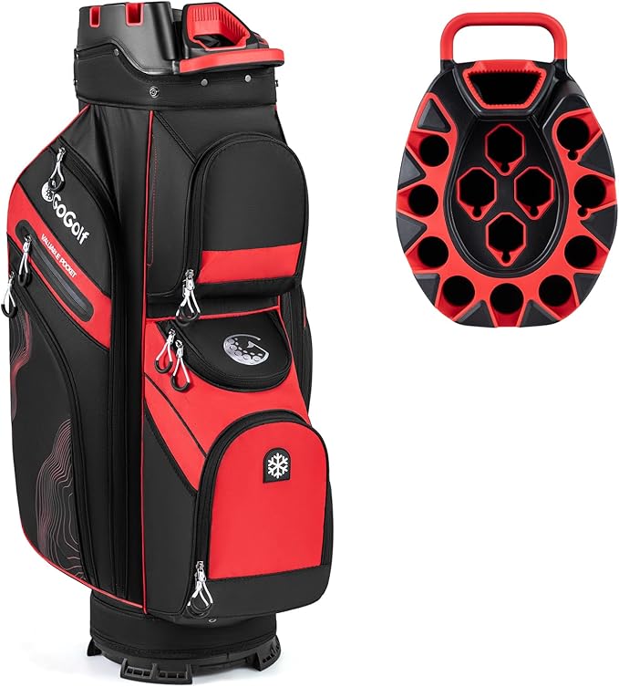 Tangkula Golf Cart Bag with 14-Way Full Length Dividers, 6 Molded Lock Top Golf Club Bag with 11 Pockets, Cooler Bag, Padded Strap, Handles, Umbrella Holder & Rain Hood
