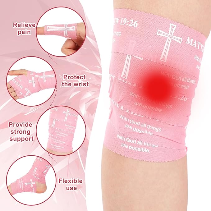MiniInflat 2 Pcs Christian Cross Athletic Tape Sports Tape 2in x 23ft Religion Jesus Wrist Wrap for Soccer Football Baseball, Gift for Graduation Teacher Nurses Week Pentecost(Pink,Matthew 19:26)