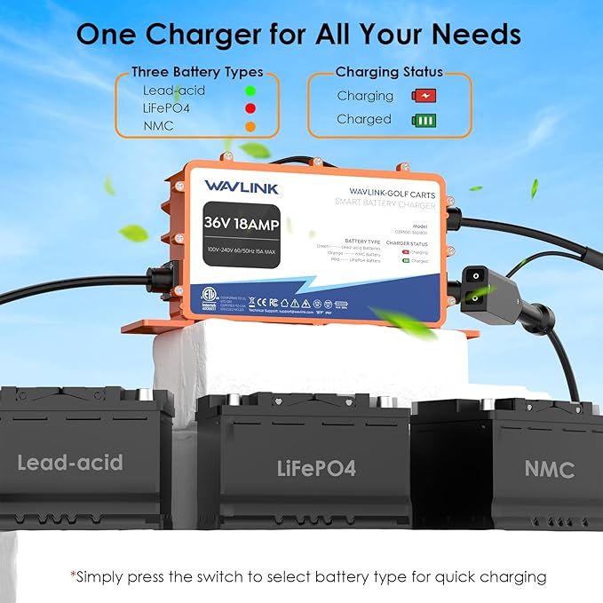 WAVLINK 36V 18 AMP Golf Cart Battery Charger, IP67 Waterproof, LiFePO4/NMC/Lead-Acid Compatible (D Plug for TXT/EZGO)