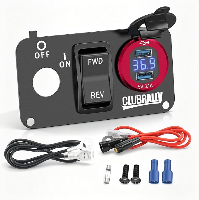 EZGO Key Switch Plate with Forward Reverse Switch, DC 9V-48V 3.1A Fast Charge Dual USB Charger, LED Digital Voltmeter, Fit Electric EZGO TXT, Medalist, PDS Golf Carts((Black/Red))