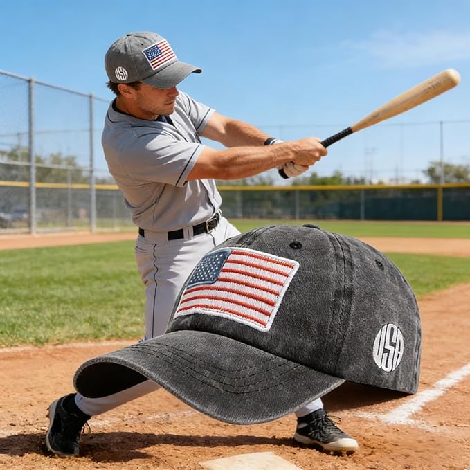 2 Pack American Flag Baseball Cap Unisex Hat, Classic Hat for Men Women Light Gray, Dark Gray