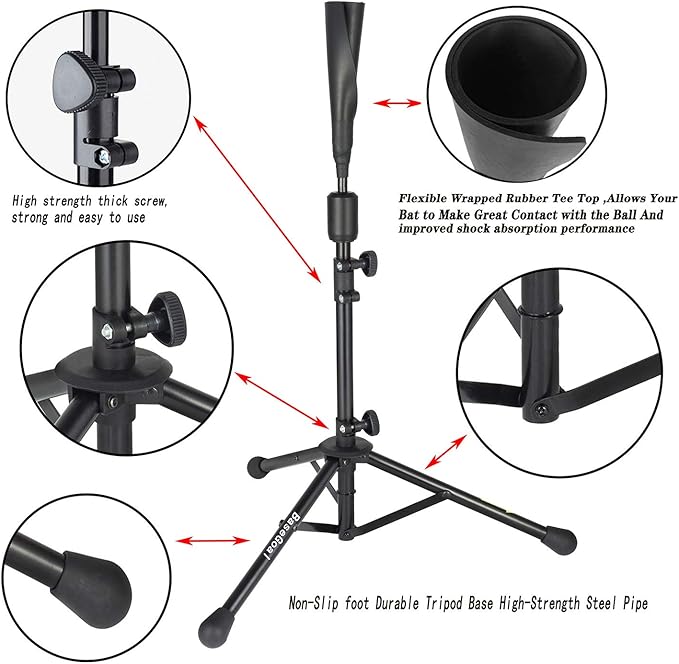 BaseGoal Batting Tee Baseball Tee,Softball Travel Portable Tee Tripod Stand Rubber Tee for Batting Training Practice with Carrying Bag