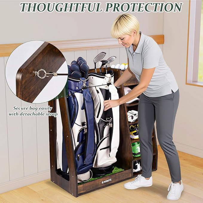 WINGYZ Premium Birch Plywood Golf Bag Storage for 2 Bags | 36lb Rock-Solid Golf Bag Organizer | 7-Shelf Command Center | Artificial Turf 12-Ball Display | No Wall Mounting Required (Brown)