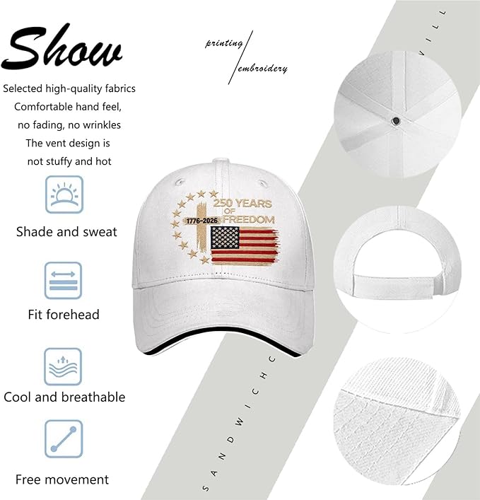 US 250 Years Freedoms 1776-2026 250th Birthday Embroidered Hats Garde Cap for Him
