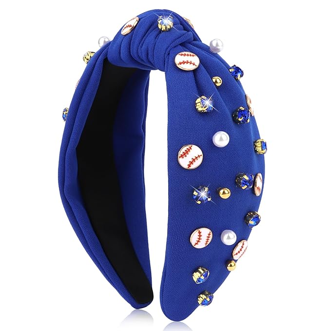 Baseball Headbands for Women Crystal Baseball Embellished Wide Top Knot Headband for Women Game Day Hair Accessories (Navy Blue)