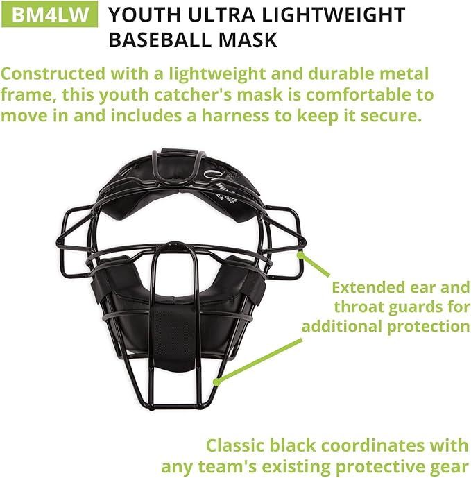 Champion Sports Pro Baseball Adult Mask - Umpires and Catchers - Extra Protection - Extended Guards - Adjustable Harness Baseball Mask - Adult Size,Black