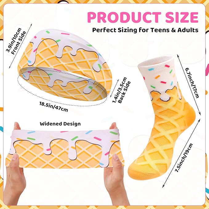 Ice Cream Baseball Headband and Ice Cream Sock Sports Elastic Sweatband Funny Sports Baseball Gifts for Youth Teen Women Men Athletes Football Basketball Running Gym Party Favors
