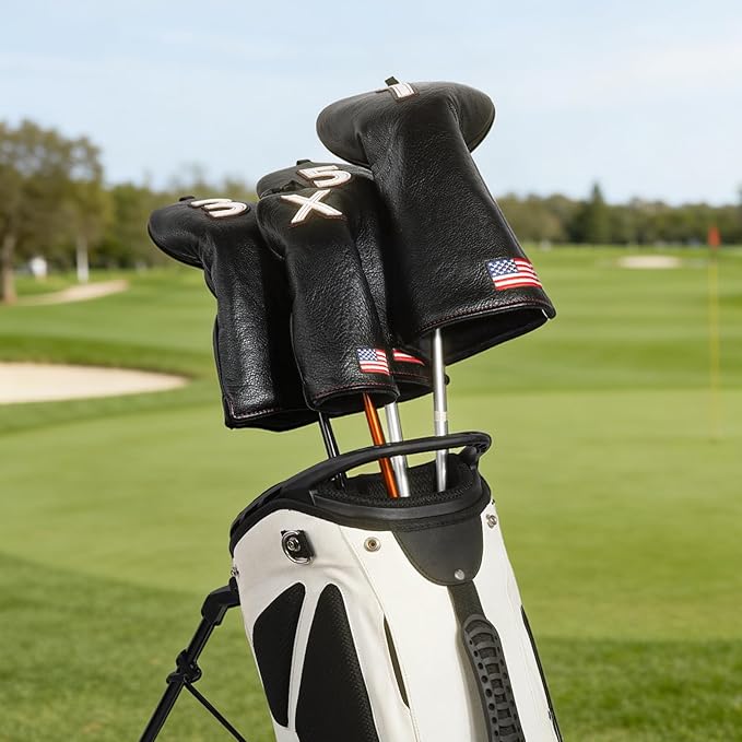 Golf Head Covers, US Flag Patriotism Golf Club Cover for Woods and Driver, Fairway, Hybrid - Premium Leather Golf Club Head Covers with Interchangeable Tags