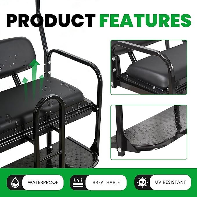 ECOTRIC Golf Cart Folding Rear Seat Kit W/Grab Bar Compatible with Club Car DS (1982-2000.5) Models Back Flip Seat Black