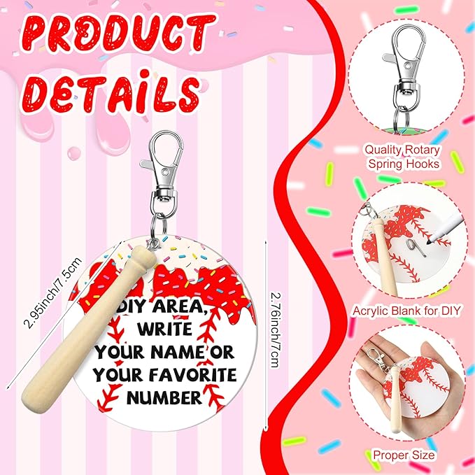 Cunno 12 Sets Baseball Ice Cream Drip Acrylic Keychain Blank DIY Kit Bulk Baseball Ice Cream Theme 3 Inch Acrylic Keyring with Swivel Snap Hook Keychain for Team Gifts Sport Party Favors