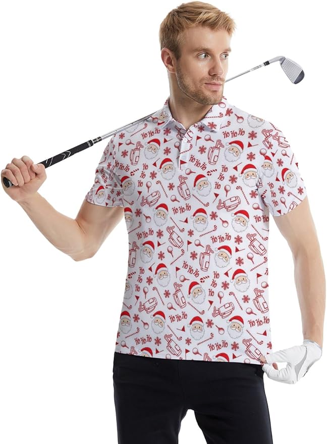 HUURAY Funny Golf Polos for Men Funny Print Short Sleeve Shirts Quick Dry Polo Shirts Hawaiian Shirt Performance Golf Outfits