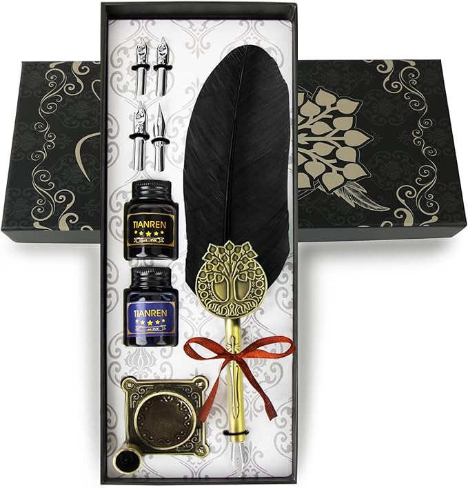 Quill pen ink set, Feather Pen and Ink Set, Antique Calligraphy Pen by TIANREN