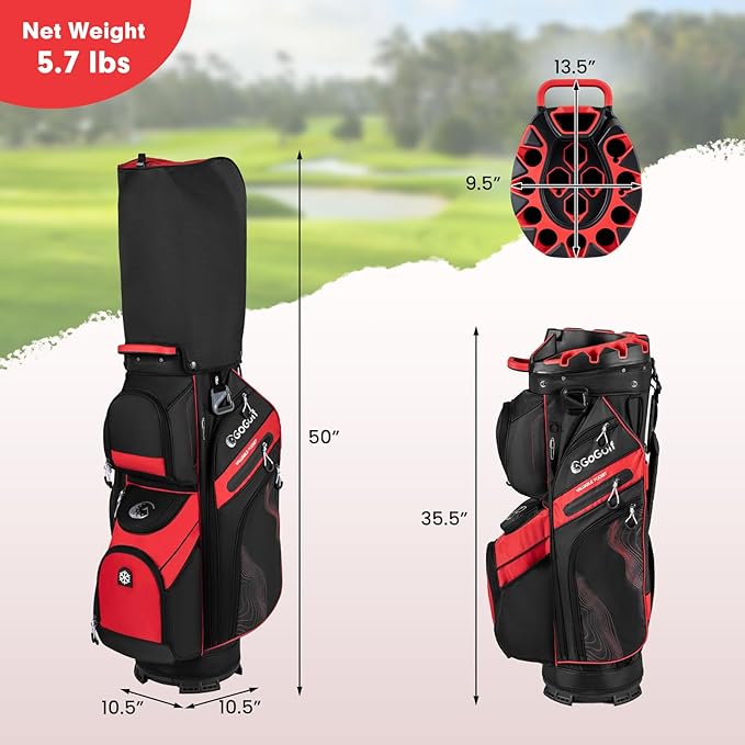 Tangkula Golf Cart Bag with 14-Way Full Length Dividers, 6 Molded Lock Top Golf Club Bag with 11 Pockets, Cooler Bag, Padded Strap, Handles, Umbrella Holder & Rain Hood