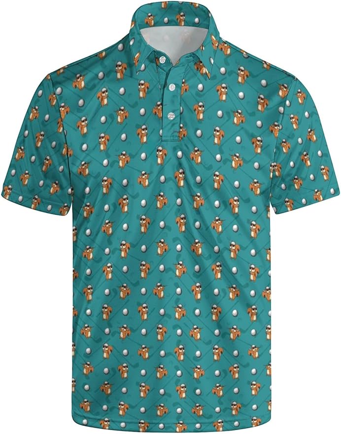 HUURAY Funny Golf Polos for Men Funny Print Short Sleeve Shirts Quick Dry Polo Shirts Hawaiian Shirt Performance Golf Outfits