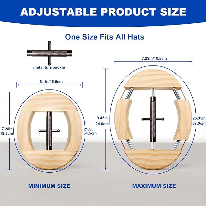 4 Way Hat Stretcher, Hat Stretcher for Fitted Hats, Heavy Duty Hats Shaper Extender w. Lever Wrench for Men All Kind of Caps