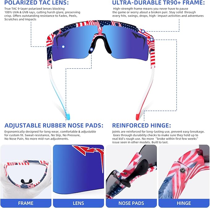 2-Sizes Kids Youth Baseball Sunglasses Men Women Vipers Sunglasses Softball Boys Girl True Polarization &UV Protection